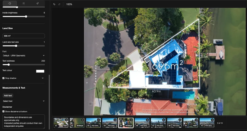 Birdseye aerial editing with property edges, dimensions and land area labels