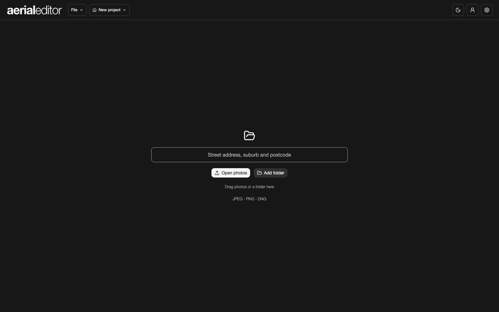 New project screen with the address, Open photos and Add folder buttons.