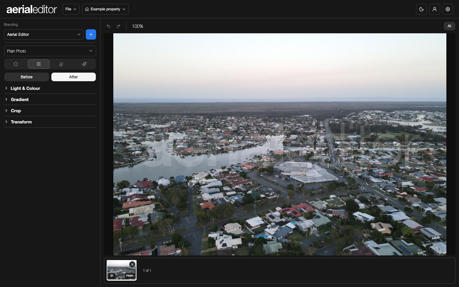 Current editor with photo tools on the left, the image in the middle and photos along the bottom.