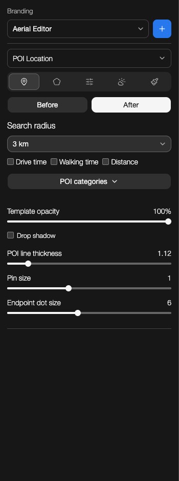 POI Location controls with search radius, travel details, categories and pin styling.