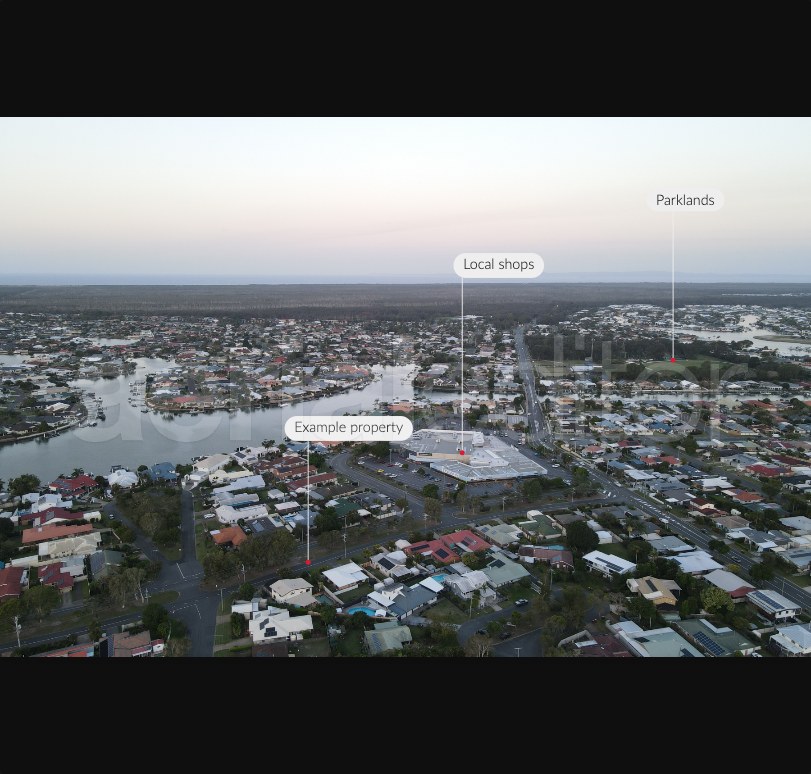 Property and nearby-place labels positioned over the example aerial photo.