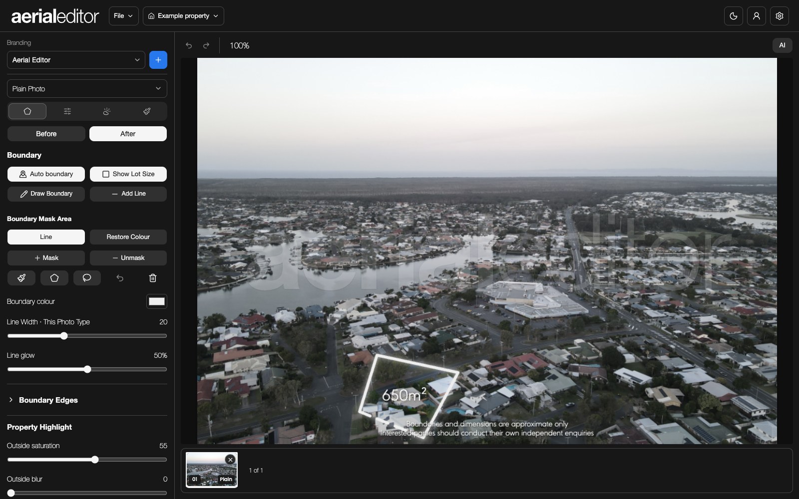 Boundary tools and an editable outline over the example photo.