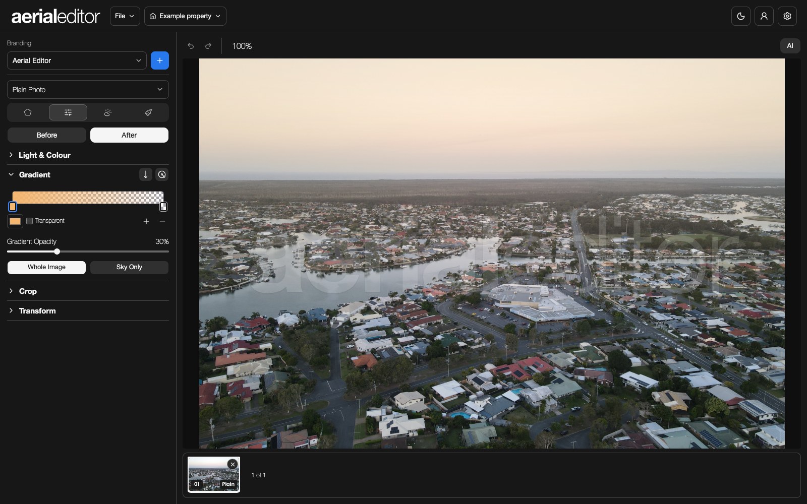 Gradient controls and the gradient’s on-image handles.