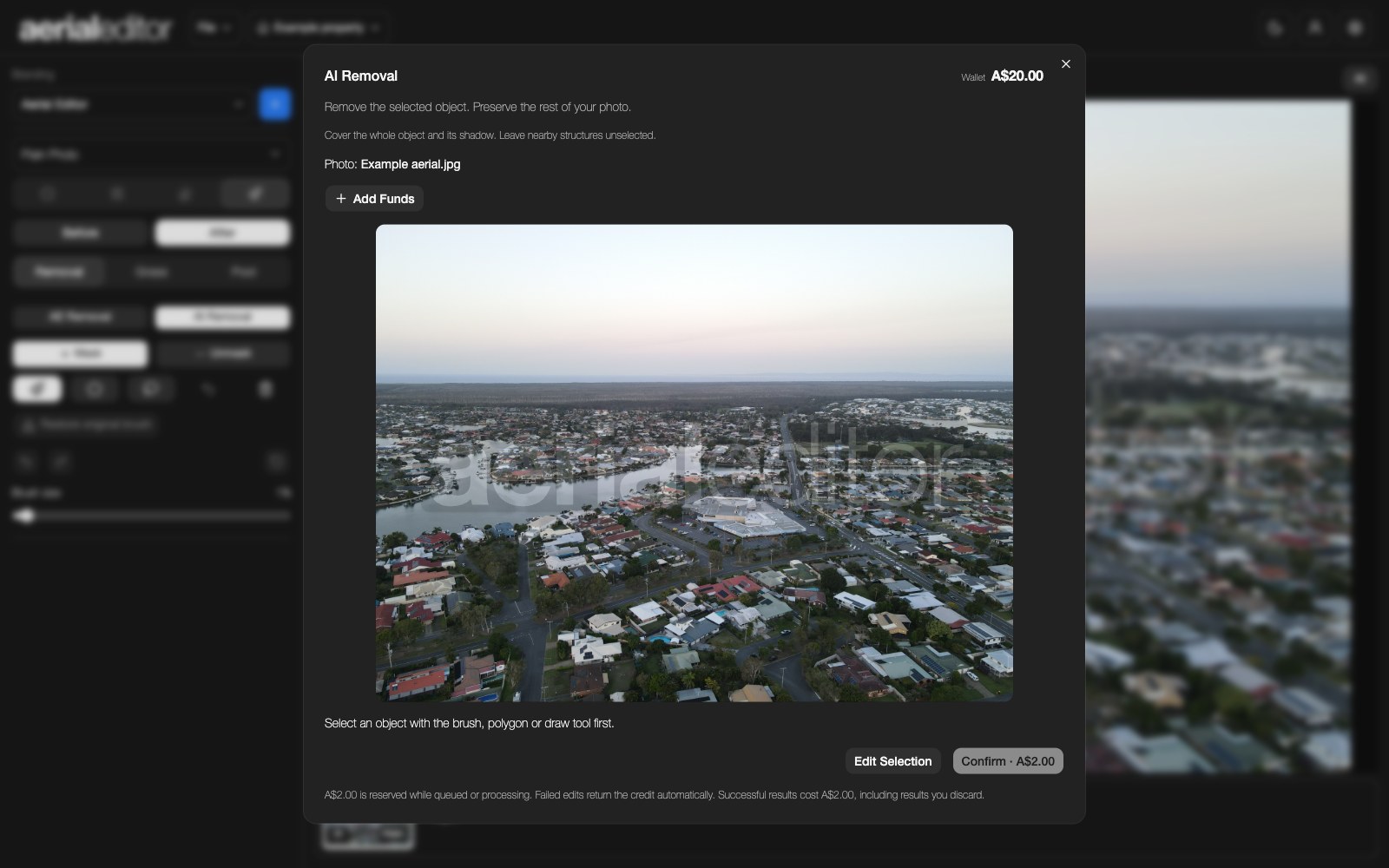 AI Removal review window with the selected area and confirmation controls.
