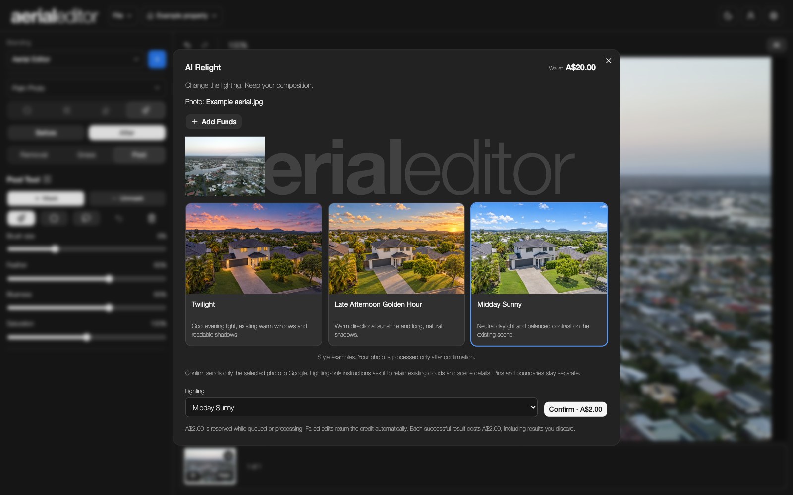 AI Relight with the three lighting styles and confirmation controls.