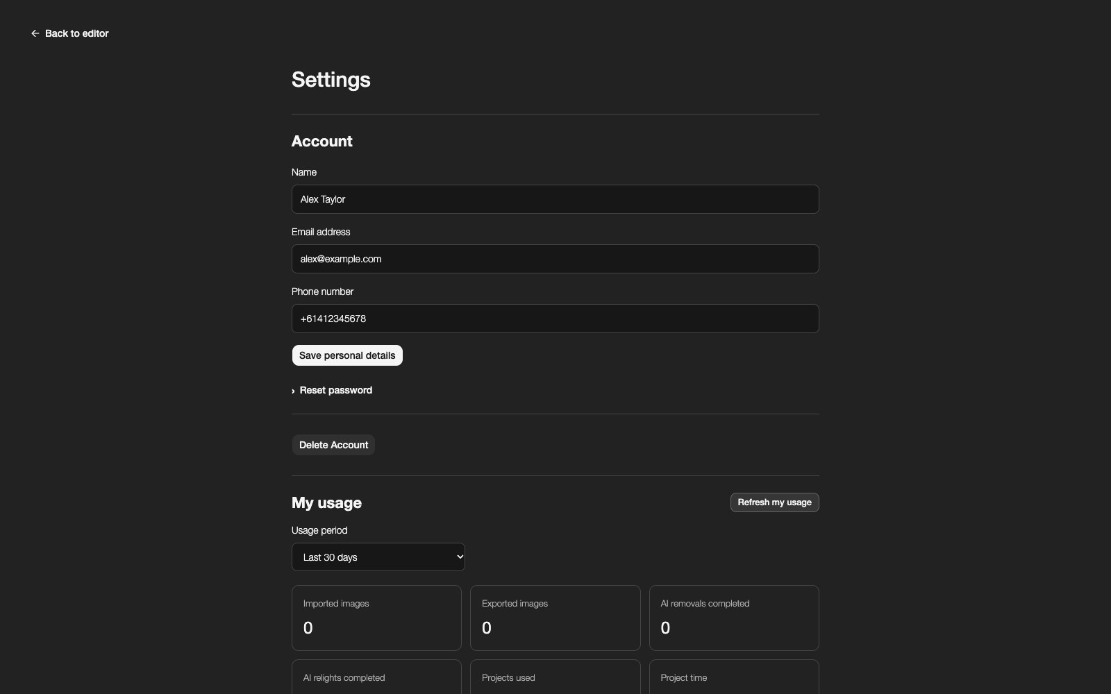 Account settings on a demo account, with personal details, password and usage controls.