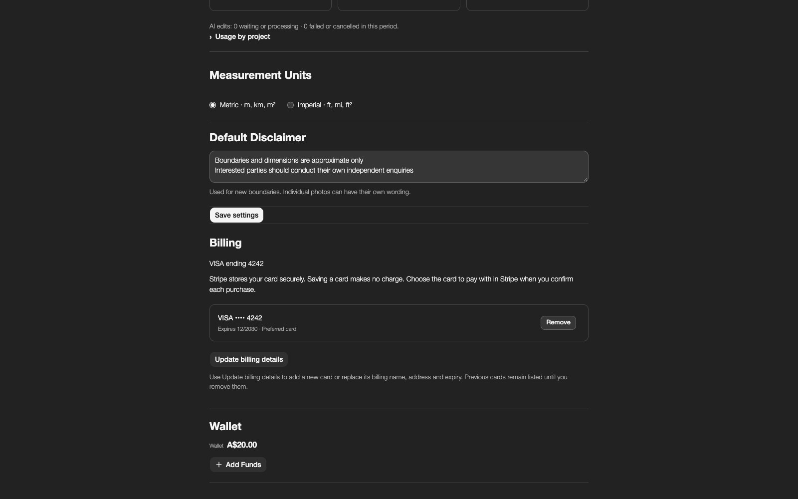 Billing settings with a saved demo card and the Update billing details button.