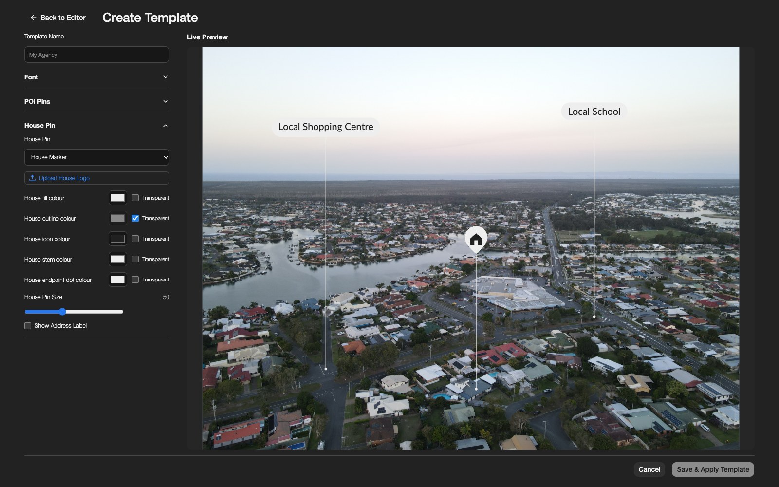 House Pin settings in the redesigned template editor, including Upload House Logo and separate colour controls.
